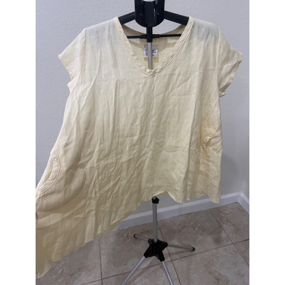 Hearts Desire by Mary Grace Linen Tunic Top Pale Yellow V-Neck Pockets M READ